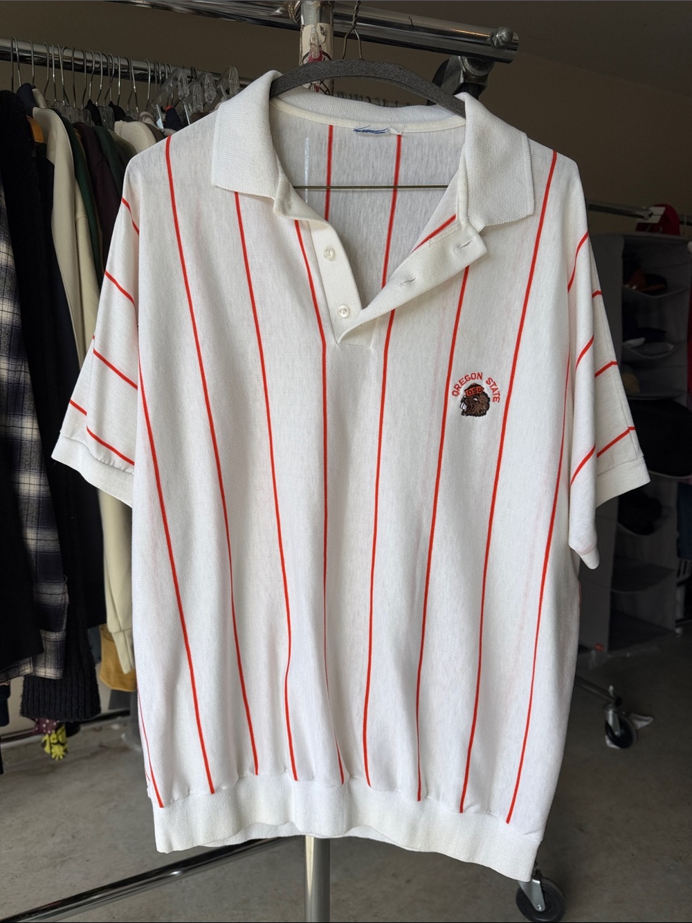 White Short-Sleeve Polo Shirt with Red Pinstripes